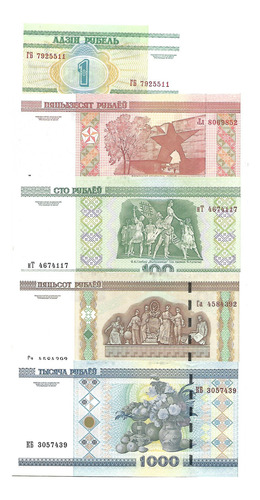 * 5 X Belarus Bielo Russia 1, 50, 100, 500 E 1000 Rubles Fe*