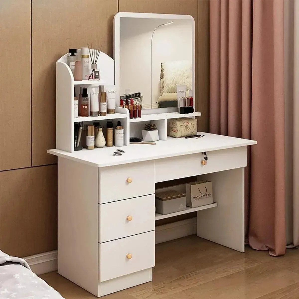 Yining Tocador Con Espejo Grande Mdf De 15 Mm Con 4 Cajones Color Blanco Instalación Sencilla Con Cerradura sin luces