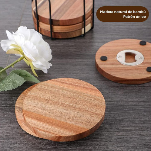 Posavasos Madera Con Destapador De Botellas 6u + Contenedor Bambú Natural