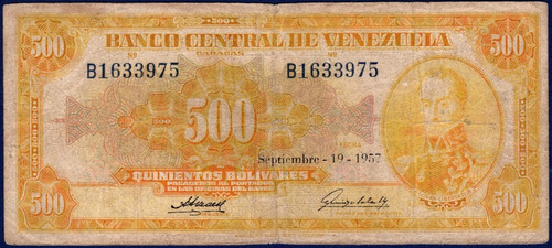 Billete 500 Bolívares B7 Septiembre 19 1957 Bolívar Canario