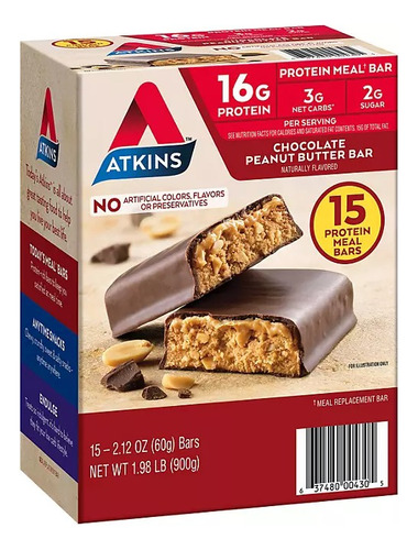Barras Nutritivas Proteína Atkins Chocolate Cacahuate 15pzs