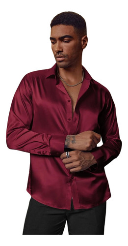Camisas Slim Fit Modelo Satinado Moda Hombre Vino Algodón Satinado M