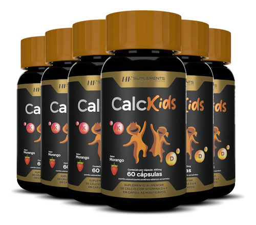 6x Calcio Kids 60caps Mastigavel Sabor Morango Hf Suplements