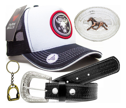 Kit Cowboy Bone Farm Bulls + Cinto Fivela Cavalo Chaveiro