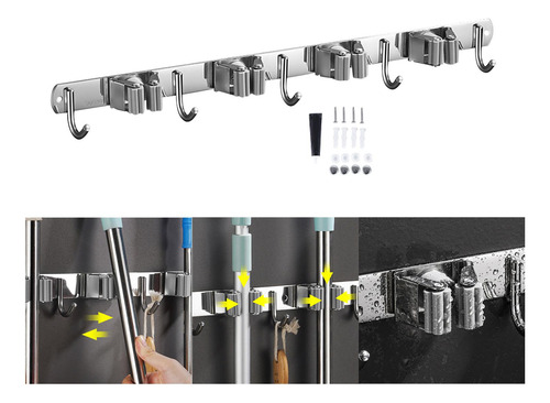 Soporte De Pared Para Escoba Y Fregona, 4 Clips 5 Ganchos