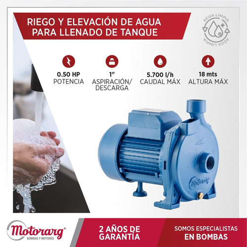 Imagen 2 de 10 de Bomba Centrífuga Bc50 Motorarg 0.5hp 5700 L/h 18mts 0.5 Hp