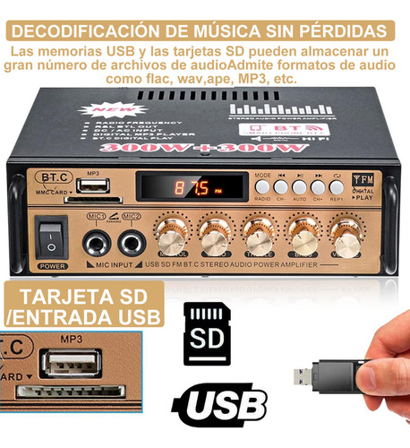 Amplificador De Audio Hifi Bluetooth Para Casa/auto Alta Fidelidad Aux/fm/tf/usb 2 Canales Con 2 Tomas De Micrófono Con Función De Echo Lujo Dorado