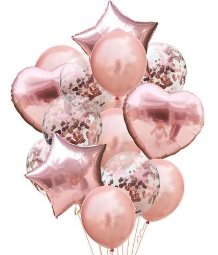 Set 14 Globos Rosa Gold Confetti Corazon Estrella Metalizado