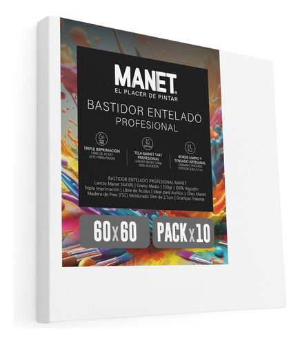 Bastidor Entelado Lienzo Acrilico Oleo Manet 60x60 Slim X 10