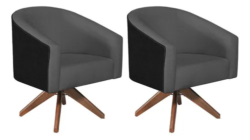 Kit 02 Poltronas Luiza Base G.madeira Factor Preto E Linho Cor Cinza-escuro