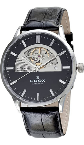 Edox Reloj De Exposición Automático De Piel Negra Para
