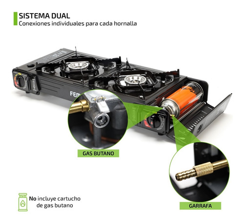 Imagen 2 de 10 de Anafe Portatil 2 Hornallas Quemadores Camping Adaptador Dual