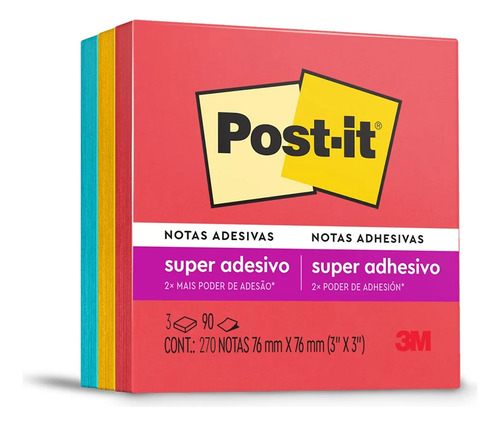 Notas Adesivas Post-it 3 Blocos 76mm X 76mm 270 Fls 3m Telha