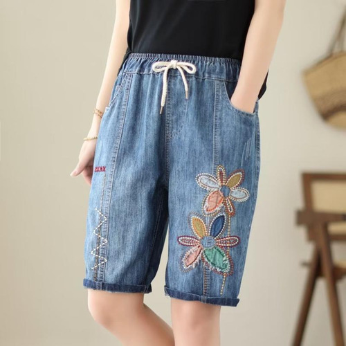 Pantalones Cortos De Mezclilla Bordados Con Cintura Elástica