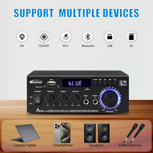 Amplificador Woopker Ak45 Pro Home Audio Estéreo Bluetooth 5