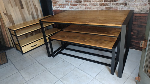 Imagen 5 de 6 de Mesa Comedor Industrial 140x80 + 2 Bancos Madera Hierro Bar