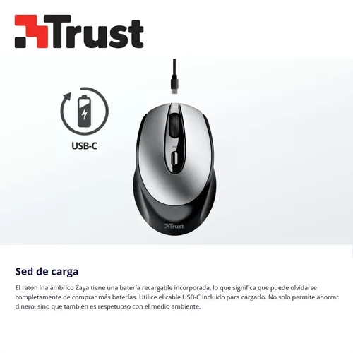 Mouse Inalámbrico Recargable Usb Tipo-c Trust Zaya, 1600 Dpi