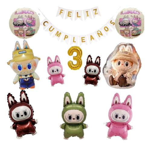 Pack De Globos De Labubu Con Banderin Y Numero A Elección Labubu Con No. 3 Banderin De Feliz Cumpleaños