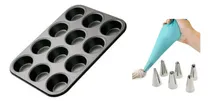 Comprar Kit Reposteria Molde X12 De Muffins Magdalenas Cupcakes Teflon Antiadherente con Manga Silicona 30cm Con 6 Picos Acero Inoxidable Reposteria Levys Bazar