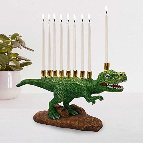 Imagen 3 de 3 de Zion Judaica Green Dinosaur Menorah Polyresin With Brass Cup