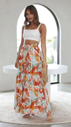 I Falda Pantalon Larga Dama Pierna Ancha Estampado Floral