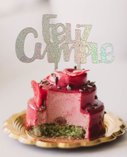 Cake Topper Feliz Cumple Acrílico Vinil Glitter Plata 17x10 Plateado