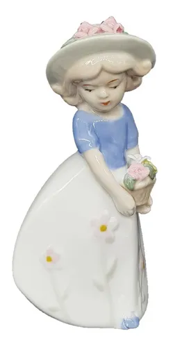 Figura Ni a Mu eca Con Flores Y Sombrero De Porcelana