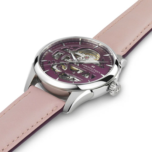Reloj Hamilton Jazzmaster Skeleton Lady Auto H32265801 Correa Rosa Bisel Plateado Fondo Rosa