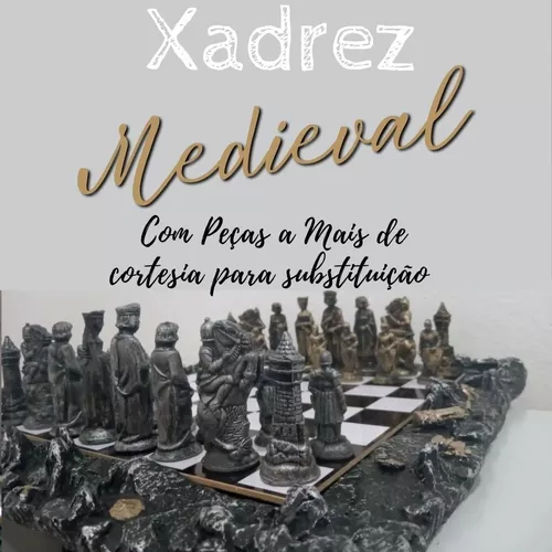 Jogo De Xadrez Medieval Tabuleiro E Peças Em Resina - R$ 288,79