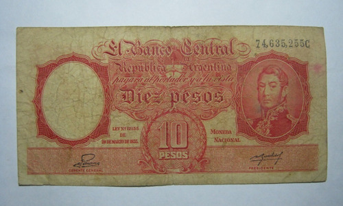 Argentina 10 $ M/nacional Serie C San Martin   Bottero 1945