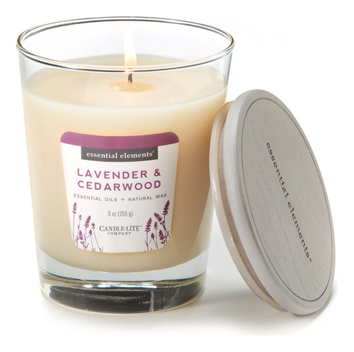 Vela 9 Oz Essential Elements Lavender & Cedarwood Candle Lit