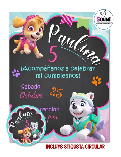 Invitación Paw Patrol Niña Digital Imprimible Personalizada 