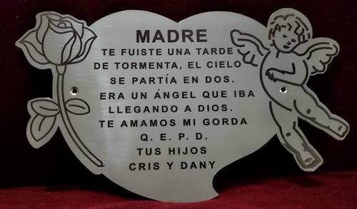 Placa Recordatoria Cementerio 25x15 Acero Corazon Rosa Angel