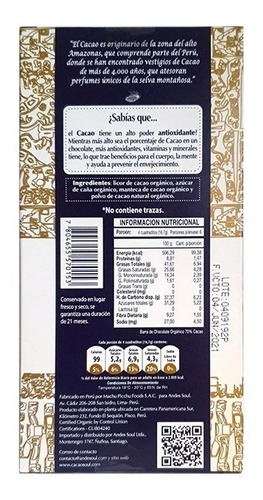 Pack 5 Chocolate 70% 100g Orgánico Cacao Soul S/gluten S/lec