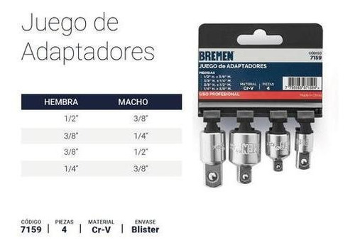 Imagen 2 de 5 de Juego Adaptadores Llave Tubo Bremen 4pz Enc 1/2 3/8 1/4 7159