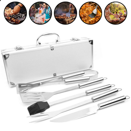 Kit Churrasco De Inox Com 5 Peças Com Maleta Profissional