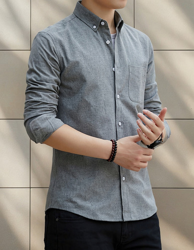 Camisa Para Hombre, Diseño De Dobladillo Con Botones, Algodó