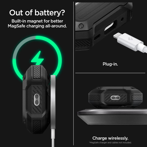 Spigen Tough Armor (mag Fit) Compatible Con AirPods Pro 2 Funda Protectora Con Llavero (2022) Magsafe Compatible Funda Con Imanes Incrustado - Negra