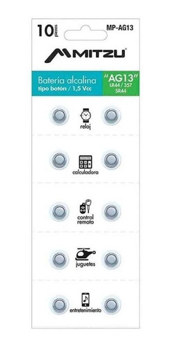  Pila Ag13 Lr44 A76 Mitzu Mp-ag13 1.55v  Alcalina Paq 10pz