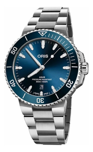 Reloj Oris Aquis Date 0173377894135-0782304peb Acero Correa Plateado Bisel Azul Fondo Azul