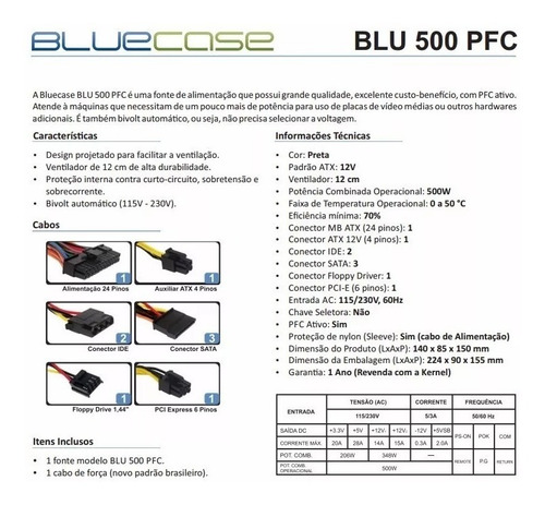 Fonte Atx 500 Watts Reais Bluecase 500w Real C/ Pfc Ativo!
