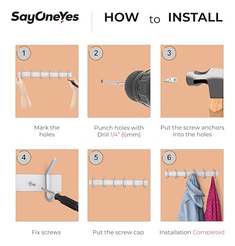 Perchero De Pared Blanco Con 6 Ganchos Dobles Para Colgar To
