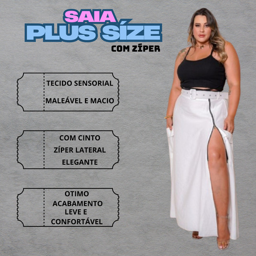 Saia Longa Plus Size Alfaiataria Com Bolso Fenda Zíper Cinto