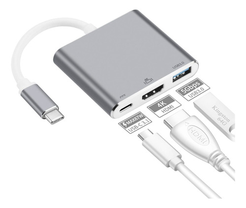 Adaptador Multipuerto 3 En 1 Usb Tipo C 3.0 A Hdmi 4k  