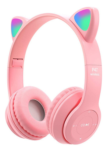 Auriculares Para Niños, Orejas De Gato, Con Luz Led, Bluet. Color Rosado