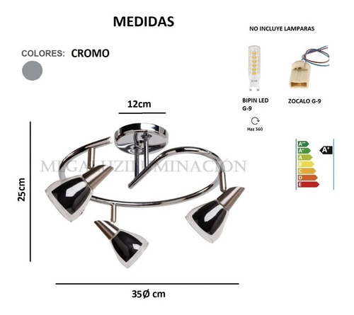 Imagen 3 de 9 de Araña Plafón Max Cromo 3 Luces Ge Rulo Móvil Apto Led