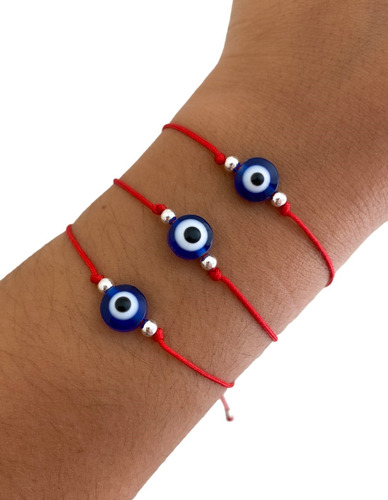 Pulsera Hilo Rojo Protector Ojo Azul Regulable De Plata 925