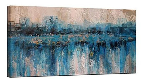 Lienzo De Pared Abstracto De Gran Tamaño Moderno Azul Gris T