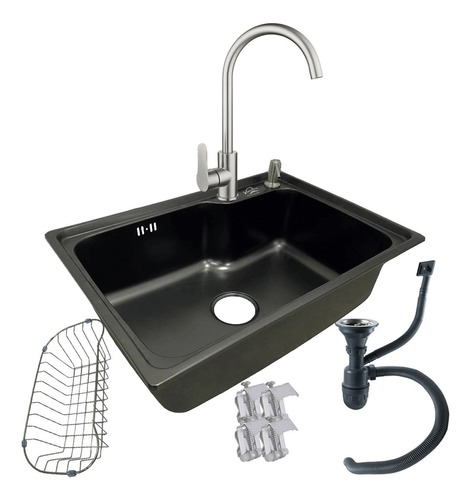 Lavaplatos 61x43 Negro Y Llave Acero Inox Y Full Accesorios