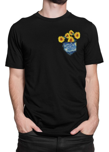 Camiseta Estampa De Bolso Girassol Estrelado Van Gogh